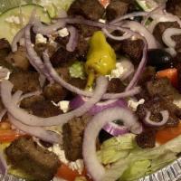 Greek Salad · Feta lettuce tomatoes onions carrots cucumbers kalamata olives pepperoncini peppers and hous...