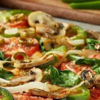 Skinny Pizza · Fresh baby spinach, mushrooms, freshly cut Roma tomatoes, roasted garlic, and smoked provolo...