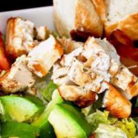 Cobb Salad Combo · Grilled chicken, tomatoes, avocado, gorgonzola cheese, hard-boiled eggs, crispy bacon, and r...