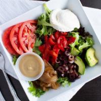La Vegetarian Salad Plus A Drink · Vegetarian. Mixed baby greens, vine-ripened tomatoes, fresh mozzarella, kalamata olives, avo...