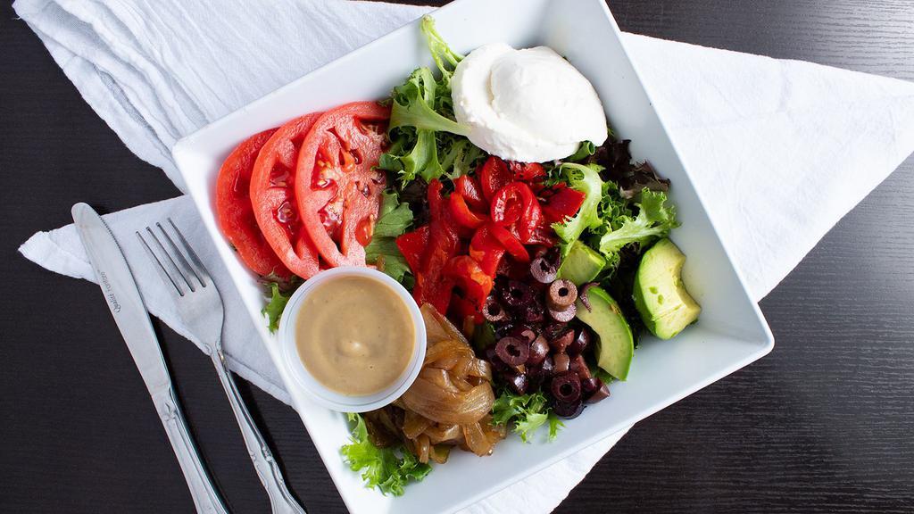 Vegetarian Salad Combo · Mixed baby greens, vine-ripened tomatoes, fresh mozzarella, kalamata olives, avocado, caramelized onions, tossed in our balsamic vinaigrette and drink.