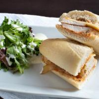 Le Pollo Sandwich Plus A Drink · Grilled chicken breast, topped with caramelized onions, smoked Gouda cheese, and roasted tom...