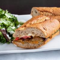 Vegetarian Baguette Sandwich Combo · Grilled zucchini, roasted peppers, caramelized onions, vine-ripened tomatoes, oregano and ch...