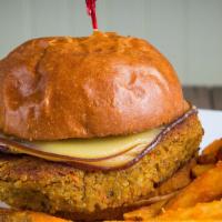 Quinoa Veggie Burger Combo · Quinoa patty topped with smoked Gouda cheese, caramelized onions, vine-ripened tomatoes, spi...