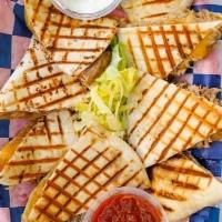 Bbq Chicken Quesadilla · House BBQ shredded chicken, jack cheddar cheese blend, served with a side of fresh salsa, so...