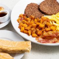 Breakfast Sampler · French Toast, Eggs, Bacon slices, Turkey Sausage, House Potatoes & Cuban toast with side of ...