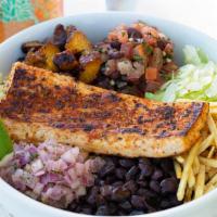 Rice Bowl · 1 Protein & 1 Sauce with White OR Brown Rice and topped w/black beans, diced plantains, lett...