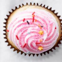 Pink Vanilla Cupcake · Vanilla bean cake, frosted with pink buttercream, and garnished with pink sanding sugar.