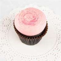 Pink Chocolate Cupcake · Chocolate cake, frosted with pink buttercream, and garnished with pink sanding sugar.