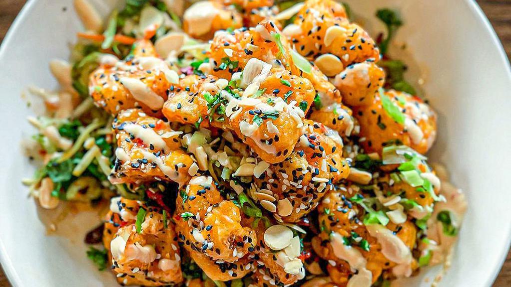 General Tso Bowl · brown rice, quinoa, julienned vegetables, ginger aioli, almonds, sesame, cilantro, scallions