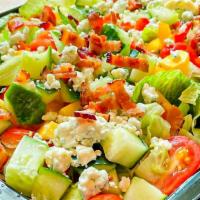 House Salad · Iceberg, romaine, bacon, cucumber, grape tomatoes, red & yellow pepper, blue cheese, mustard...