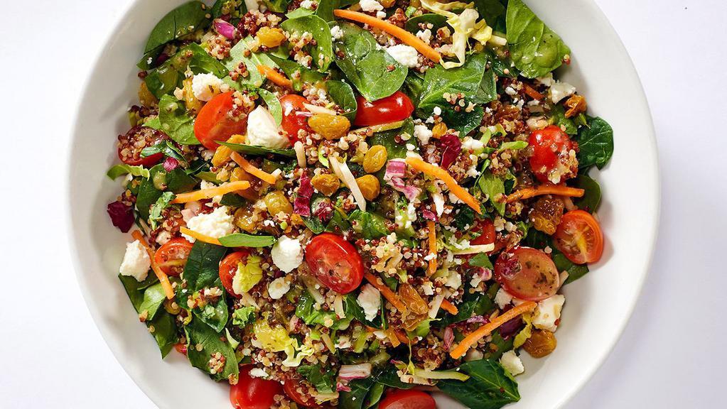 Superfood Salad · quinoa, spinach, grape tomatoes, julienned vegetables, feta, dried cranberries, avocado, lemon vinaigrette