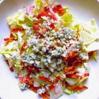 Chopped Blue Cheese Salad · iceberg, bacon, grape tomatoes, red onion, blue cheese crumbles, everything seasoning, blue ...