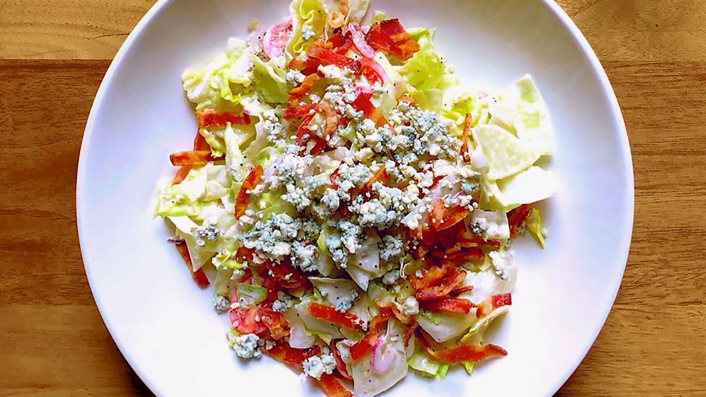 Chopped Blue Cheese Salad · iceberg, bacon, grape tomatoes, red onion, blue cheese crumbles, everything seasoning, blue cheese dressing