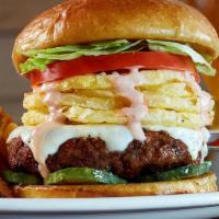 Maxx Burger · linz heritage beef, american cheese, lettuce, tomato, house pickles, onion strings, special ...