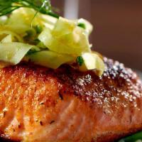 Salmon Romesco · Bronzed Salmon, Herbed Jasmine Rice, Seasonal Vegetable, Romesco Sauce, Fennel Slaw