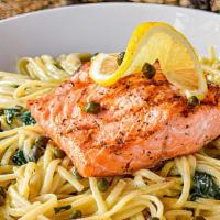 Salmon Pasta Piccata · grilled salmon, angel hair, capers, lemon butter sauce