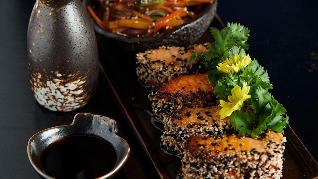 Salmon & Miso · Grilled salmon wrapped in sesame, vegetable wok.