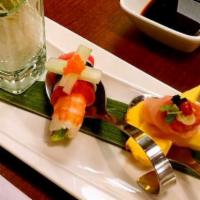 Ming'S Roll · Imitation spicy crab, cucumber with salmon, eel, yellow tail, scallions, masago and spicy ma...