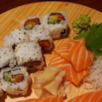 Salmon Lover Dinner · Spicy salmon roll, 4 pcs salmon nigiri, 3pcs salmon sashimi. Served with miso soup and ginge...