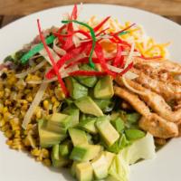 Mexi-Cobb Salad · Gluten free. Heritage lettuce tossed in onion thyme vinaigrette and topped with marinated ch...