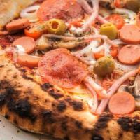 Amore Pizza · Tomato sauce, fresh mozzarella, onion, mushrooms, tomato, pepperoni, sausage, ham, olives, a...