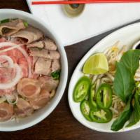 Pho Tai, Nam, Gan · Eye round rare, beef flank, tendon noodle soup.