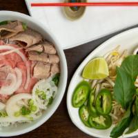 Pho Tai, Nam, Sach · Eye round rare, beef flank, tripes noodle soup.