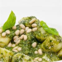 Gnocchi Pesto · Handmade Gnocchi in a pesto sauce made with basil, olive oil, garlic, pine nuts and parmigia...