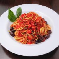 Pasta Puttanesca · Diced tomato, garlic, capers, Kalamata olives and marinara sauce.
