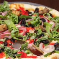 Garden Pizza · Roasted eggplant, red and green pepper, black olives, red onion, Mozzarella cheese topped wi...