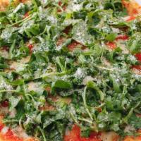 Moderna Pizza · Tomato sauce, Mozzarella cheese, diced tomatoes, arugula and shredded Parmesan cheese and a ...