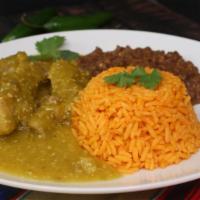 Chile Verde · Pork in green sauce, served with rice and beans.