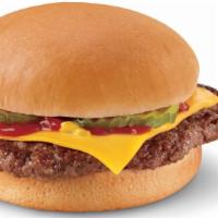 Cheeseburger · One 100% beef patty topped with melted cheese pickles ketchup and mustard served on a warm t...