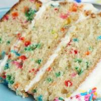 Birthday Cake (1 Sl) · Vanilla cake with a burst of sprinkles layered with a sweet vanilla confetti icing and toppe...
