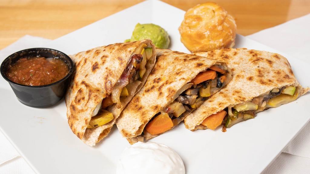 Veggie Quesadilla Plate · Grilled veggies, black beans, corn, pepper jack, and provolone. Served with avocados and sour cream and salsa. Add grilled chicken, steak or shrimp for an additional charge.