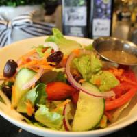 Garden Salad · Tomatoes, red onions, cucumbers, carrots, bell peppers, black olives.