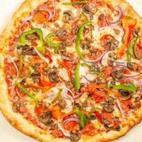 Supremo Pizza · Sweet Italian sausage, pepperoni, onions, bell peppers, fresh mushrooms, tomato sauce, mozza...