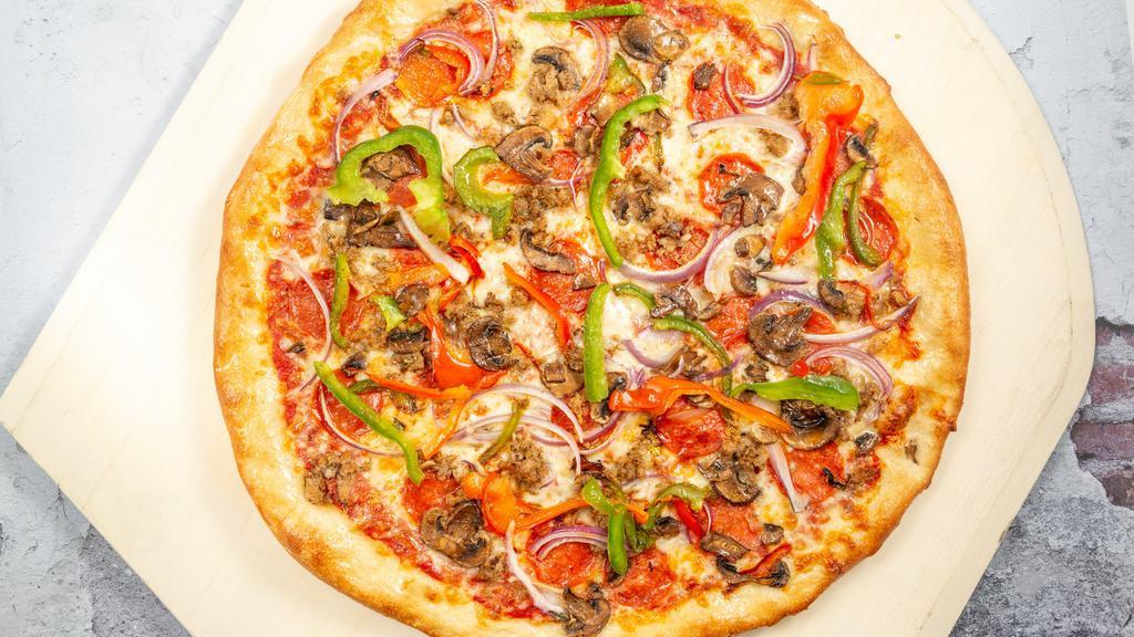 Supremo Pizza · Sweet Italian sausage, pepperoni, onions, bell peppers, fresh mushrooms, tomato sauce, mozzarella and Romano cheese.
