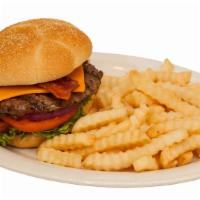 Woody'S Big Black Angus Bacon Cheddar Burger · A half-pound of ground black Angus steak – grilled to perfection and topped with a thick sli...
