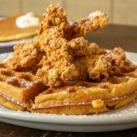 Chicken And Waffles · Salty and sweet with a little crunch. Our fresh, natural fried chicken strips served on a th...