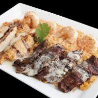 Texas Bambaso · Steak, chicken and shrimp.