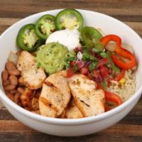 Fajita Bowl · Bowl filled with your choice of meat, grilled peppers, grilled onions, rice, charro beans, g...
