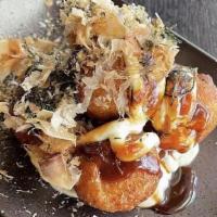 Takoyaki(5) · Deep Fried, Ball with Cabbage, Octopus iside, top with mayo, and sweet sauce.