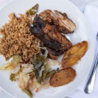 Jerk Chicken · Served with your choice of rice and one side item...plantains included