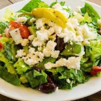 The Greco Salad · Romaine lettuce, roasted red bell pepper, feta cheese, kalamata olives, cucumbers, pickled o...