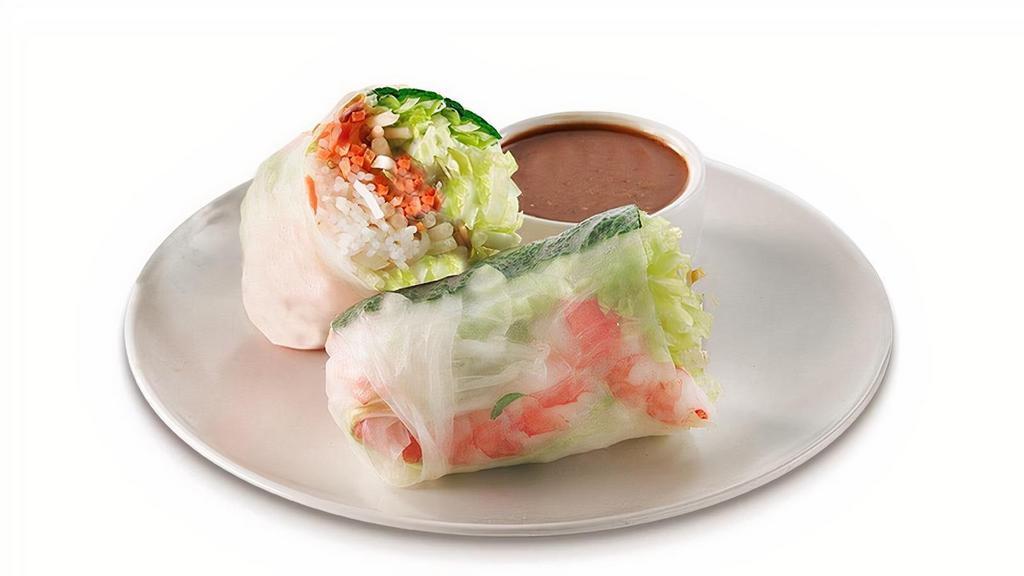Shrimp Spring Roll · 1 roll | Shrimp, lettuce, bean sprouts, carrot, coriander, mint and vermicelli wrapped in rice paper and served with peanut sauce