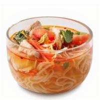 Mini Tom Yum Soup · A sweet, sour and spicy lemongrass infused chicken broth filled with rice noodles, bean spro...