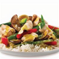 Green Curry · (Medium Spicy): Green Thai chili coconut curry with bell pepper, onion, mushrooms, bamboo sh...