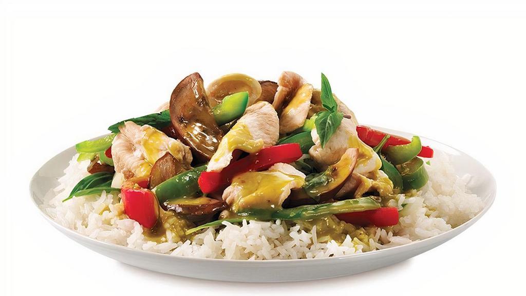 Green Curry · (Medium Spicy): Green Thai chili coconut curry with bell pepper, onion, mushrooms, bamboo shoots, Thai basil and choice of protein